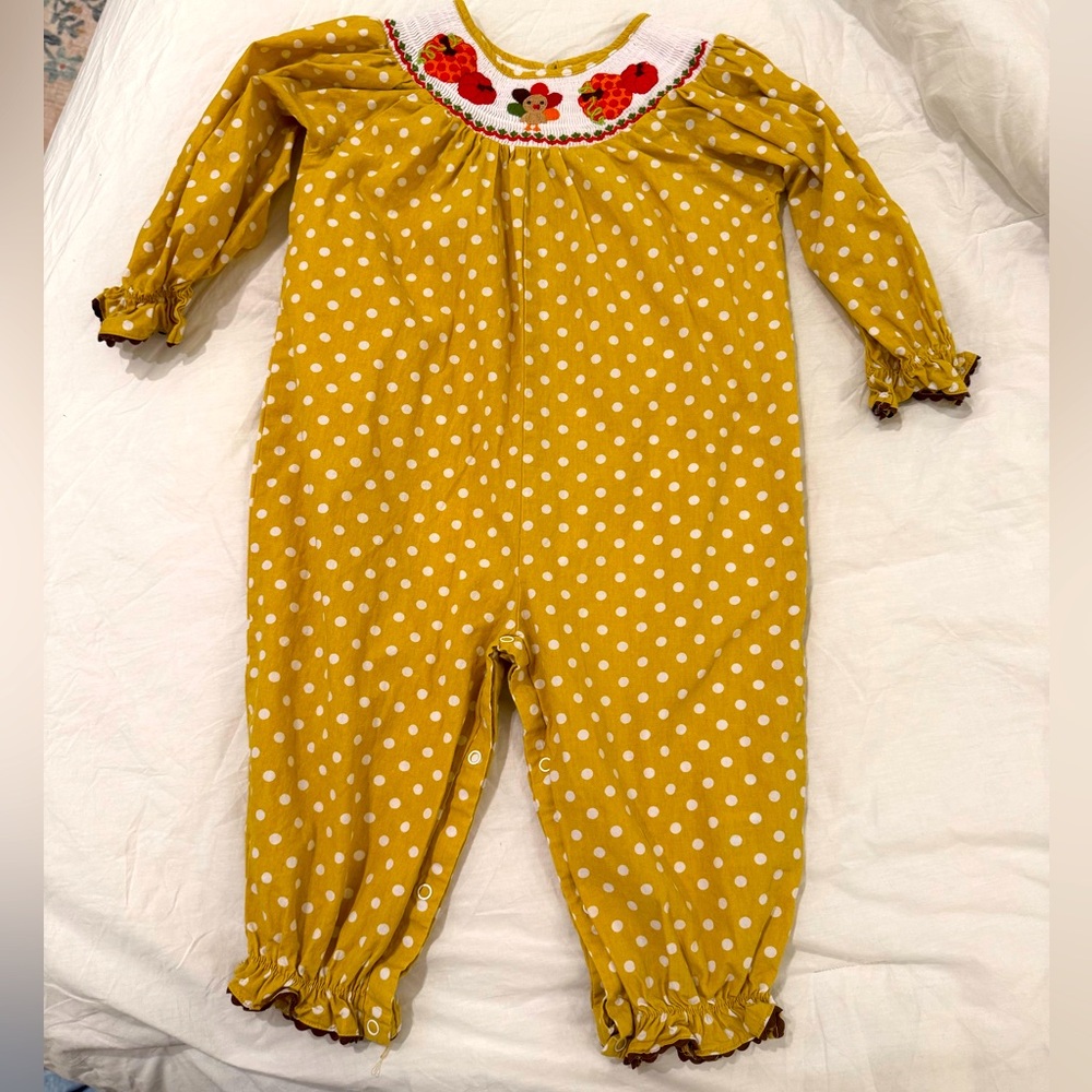 2T Thanksgiving Turkey Smocked Polka Dot One Piece - Lil Cactus - Picture 2 of 7